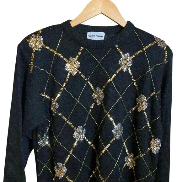 VGT 80s 90s ALFRED DUNNER Women's Preppy Sweater Black Gold Sequins Argyle L - Picture 2 of 10